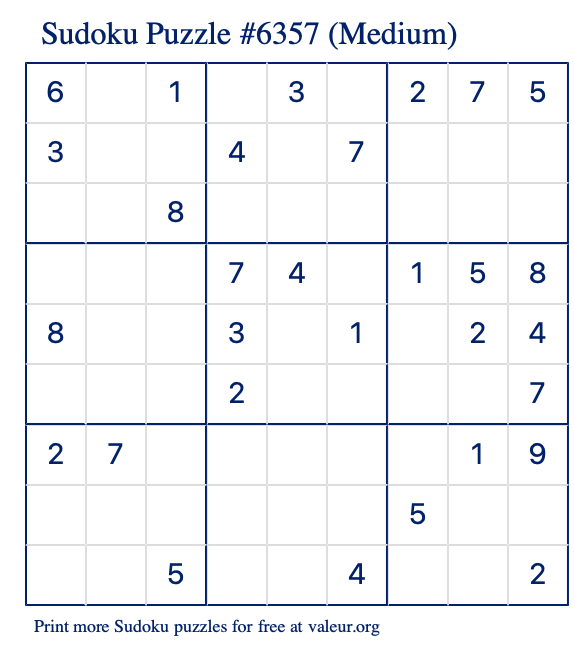Free Printable Medium Sudoku Puzzle number 6357