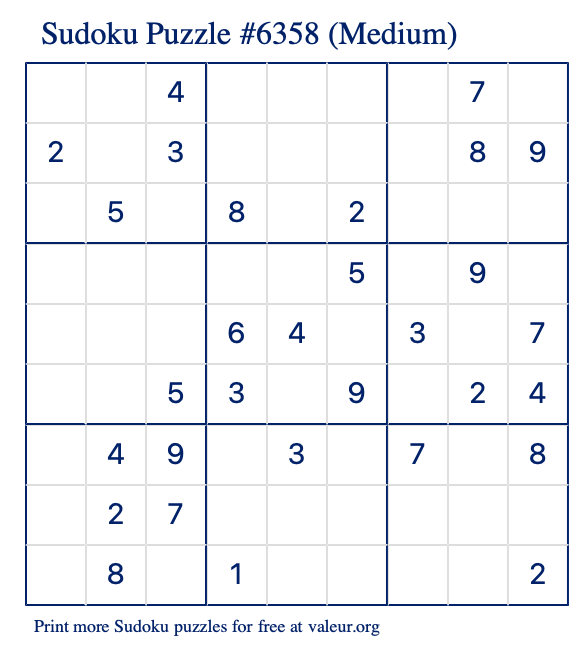 Free Printable Medium Sudoku Puzzle number 6358