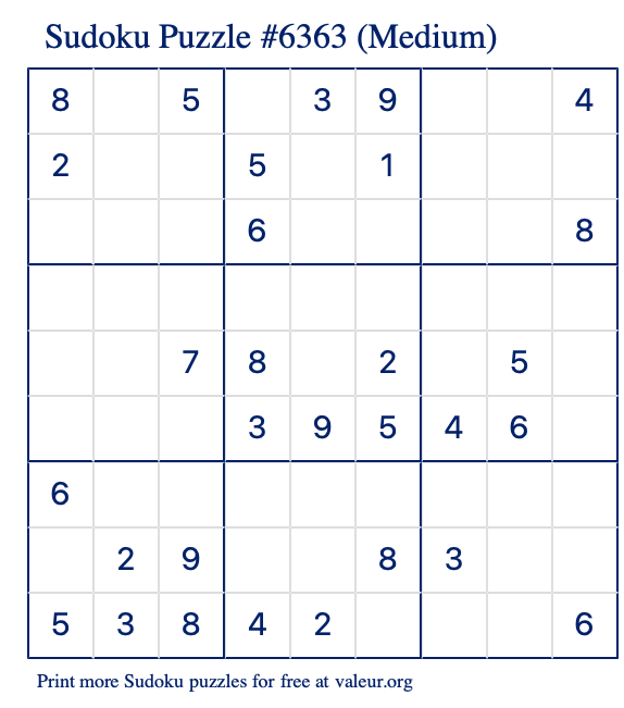 Free Printable Medium Sudoku Puzzle number 6363