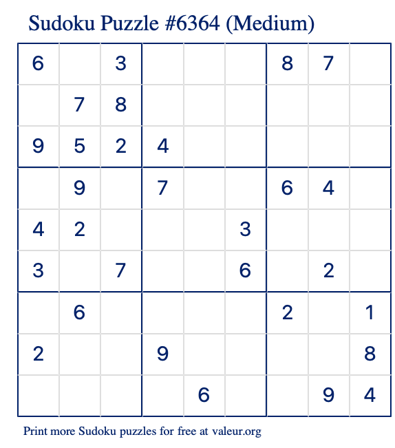 Free Printable Medium Sudoku Puzzle number 6364