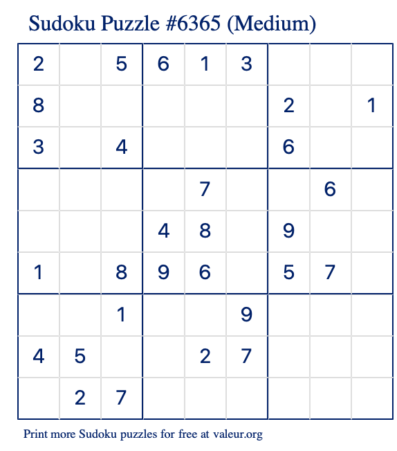 Free Printable Medium Sudoku Puzzle number 6365