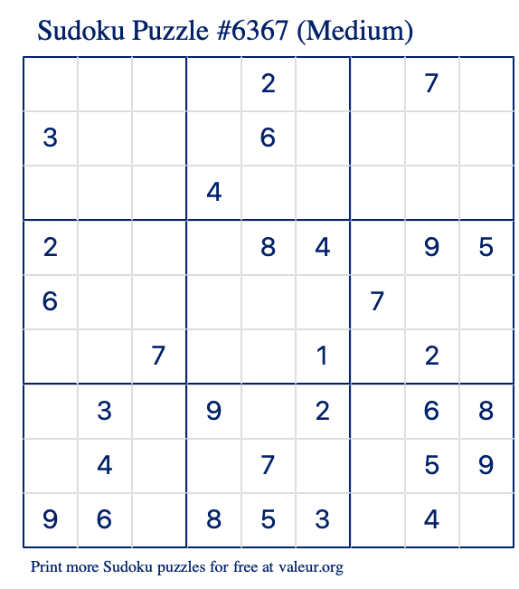 Free Printable Medium Sudoku Puzzle number 6367