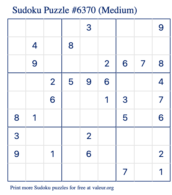 Free Printable Medium Sudoku Puzzle number 6370