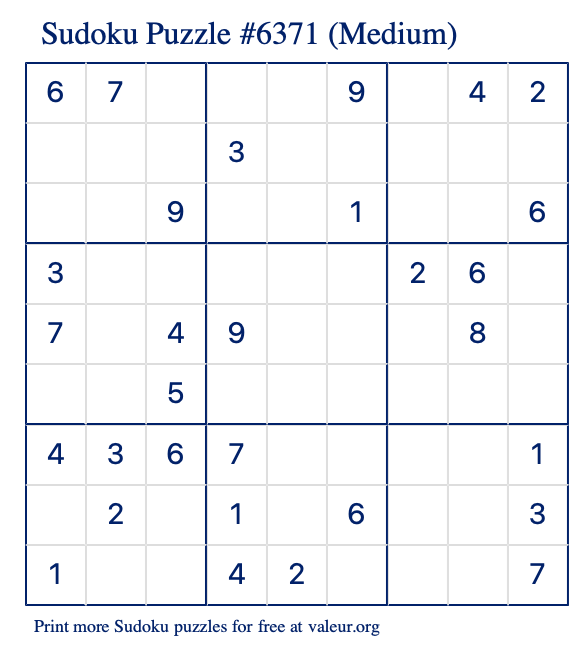 Free Printable Medium Sudoku Puzzle number 6371