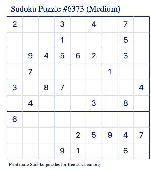Free Printable Medium Sudoku Puzzle number 6373