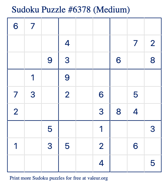 Free Printable Medium Sudoku Puzzle number 6378