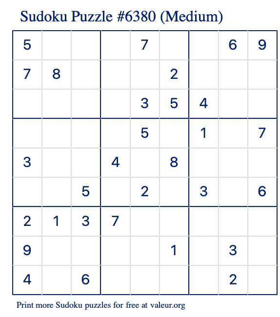 Free Printable Medium Sudoku Puzzle number 6380