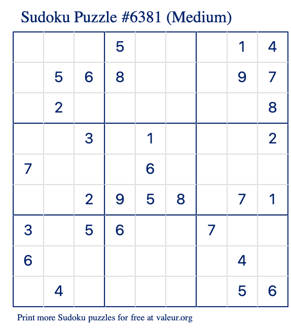 Free Printable Medium Sudoku Puzzle number 6381