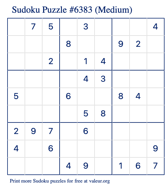 Free Printable Medium Sudoku Puzzle number 6383