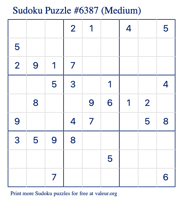 Free Printable Medium Sudoku Puzzle number 6387