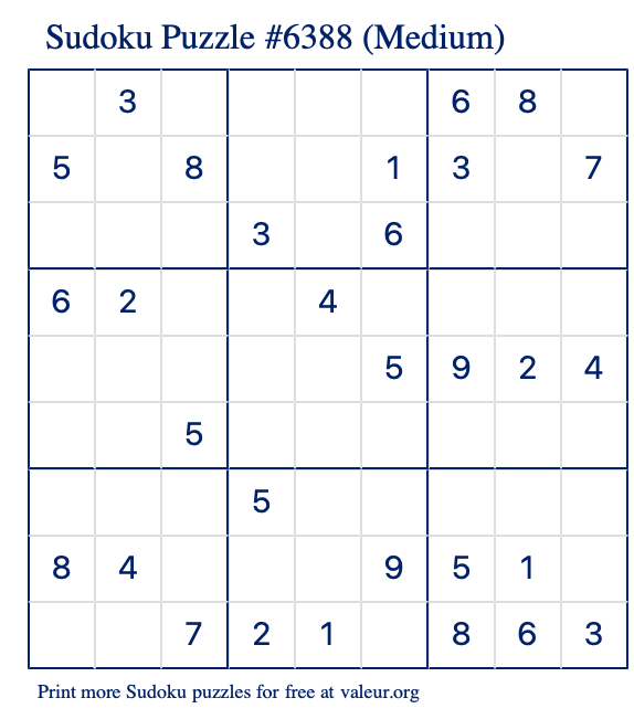 Free Printable Medium Sudoku Puzzle number 6388
