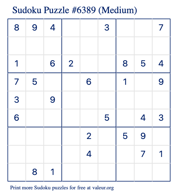 Free Printable Medium Sudoku Puzzle number 6389