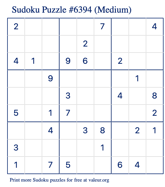 Free Printable Medium Sudoku Puzzle number 6394