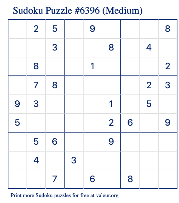 Free Printable Medium Sudoku Puzzle number 6396