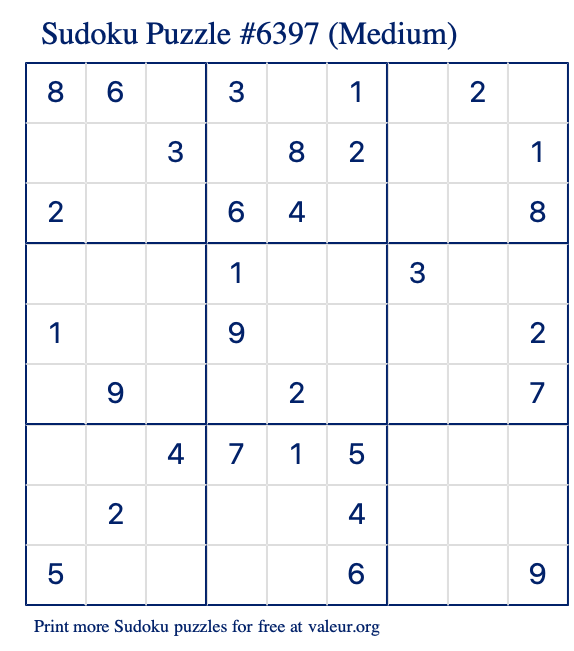 Free Printable Medium Sudoku Puzzle number 6397