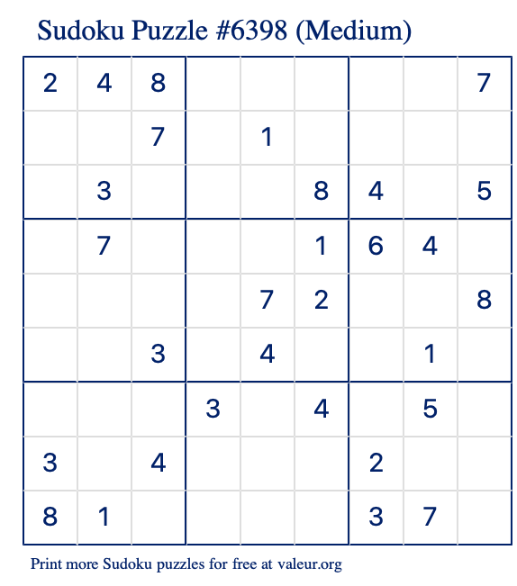 Free Printable Medium Sudoku Puzzle number 6398