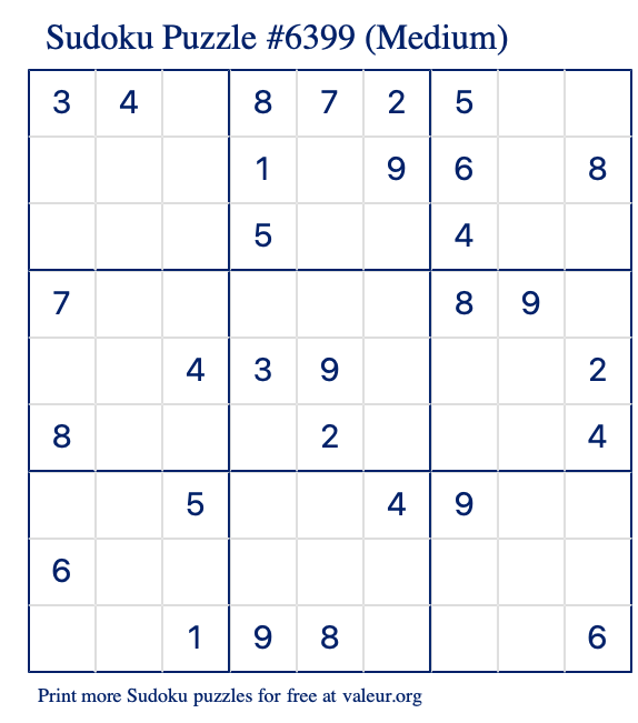 Free Printable Medium Sudoku Puzzle number 6399