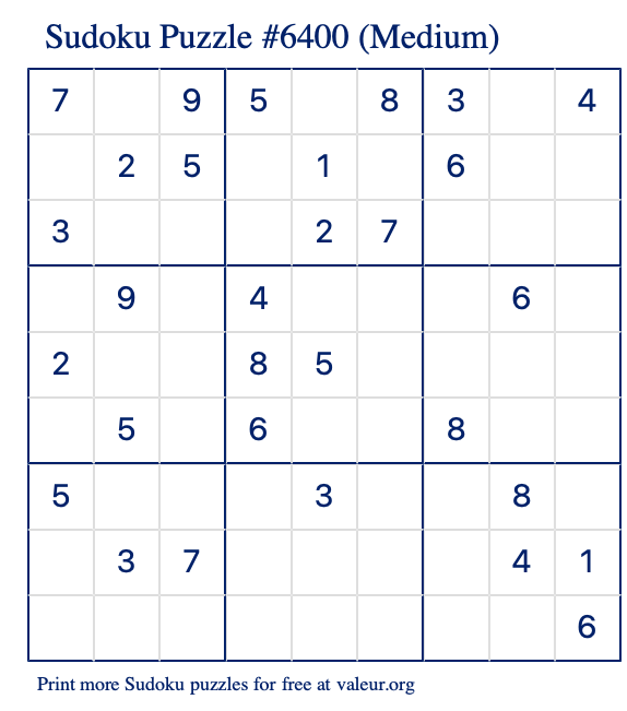 Free Printable Medium Sudoku Puzzle number 6400