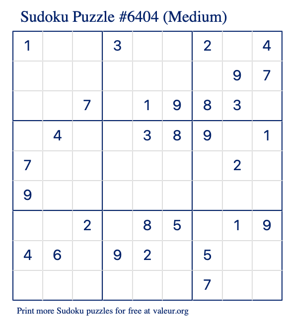 Free Printable Medium Sudoku Puzzle number 6404