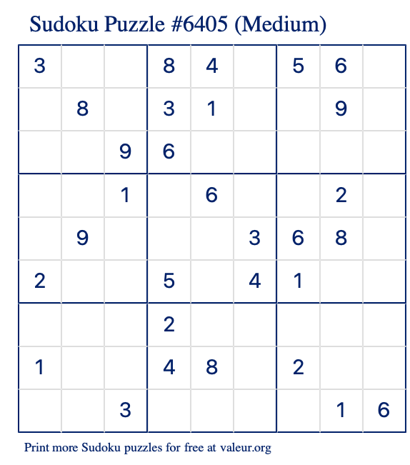 Free Printable Medium Sudoku Puzzle number 6405