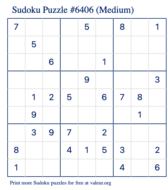 Free Printable Medium Sudoku Puzzle number 6406