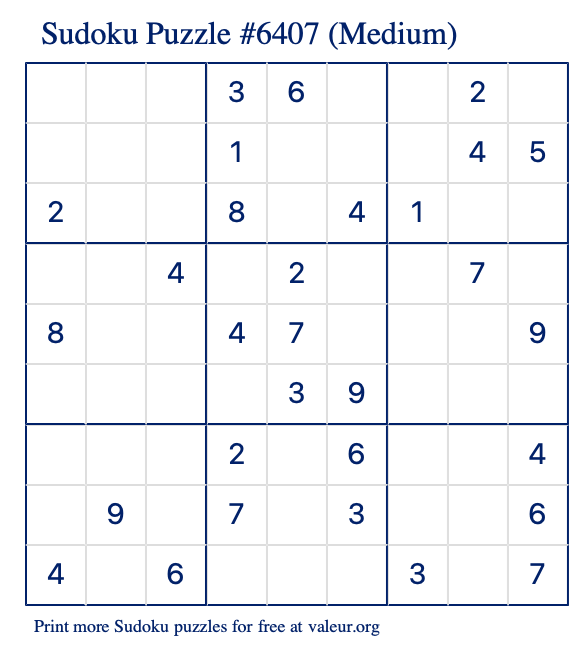 Free Printable Medium Sudoku Puzzle number 6407