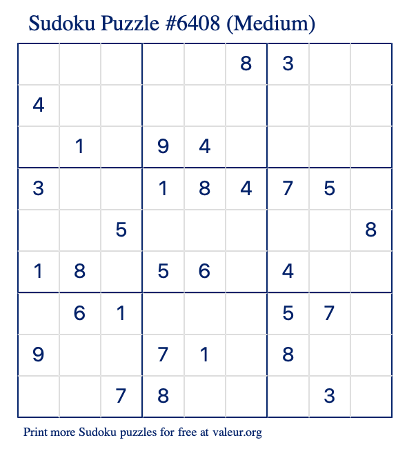 Free Printable Medium Sudoku Puzzle number 6408