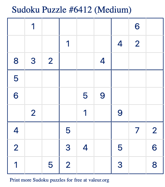 Free Printable Medium Sudoku Puzzle number 6412