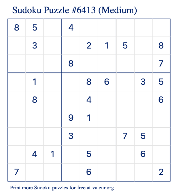 Free Printable Medium Sudoku Puzzle number 6413