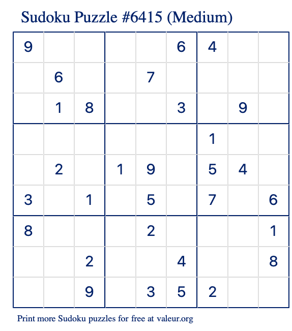 Free Printable Medium Sudoku Puzzle number 6415