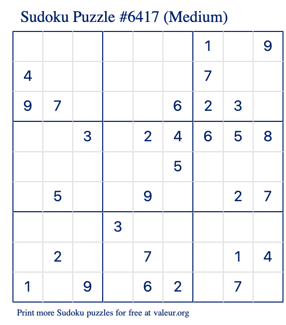 Free Printable Medium Sudoku Puzzle number 6417