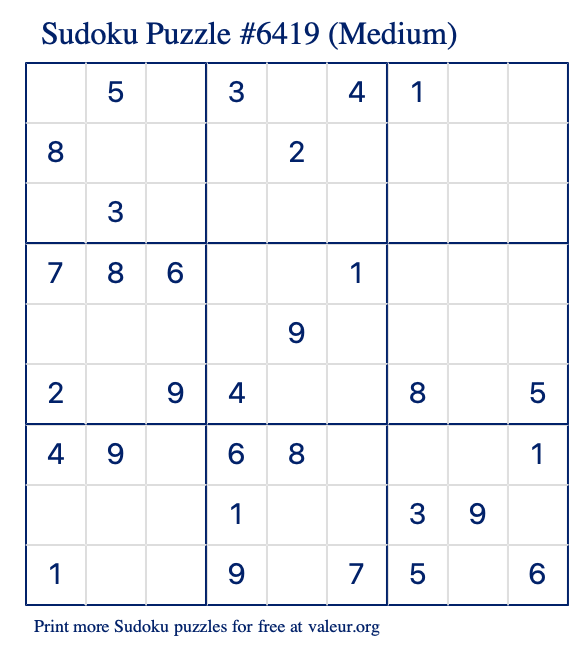 Free Printable Medium Sudoku Puzzle number 6419