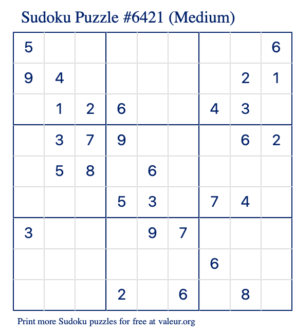 Free Printable Medium Sudoku Puzzle number 6421