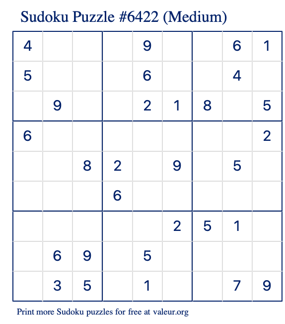 Free Printable Medium Sudoku Puzzle number 6422