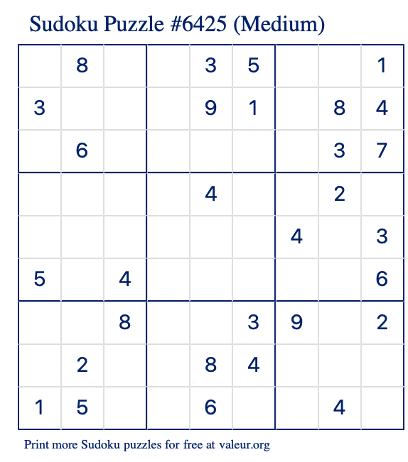 Free Printable Medium Sudoku Puzzle number 6425
