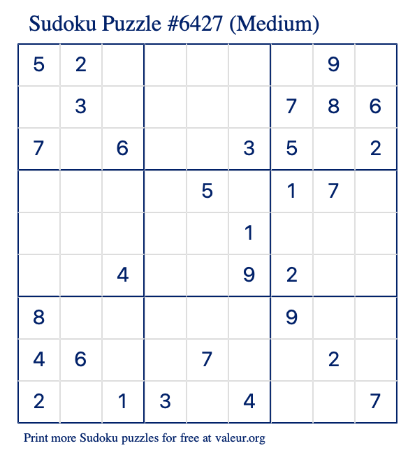 Free Printable Medium Sudoku Puzzle number 6427