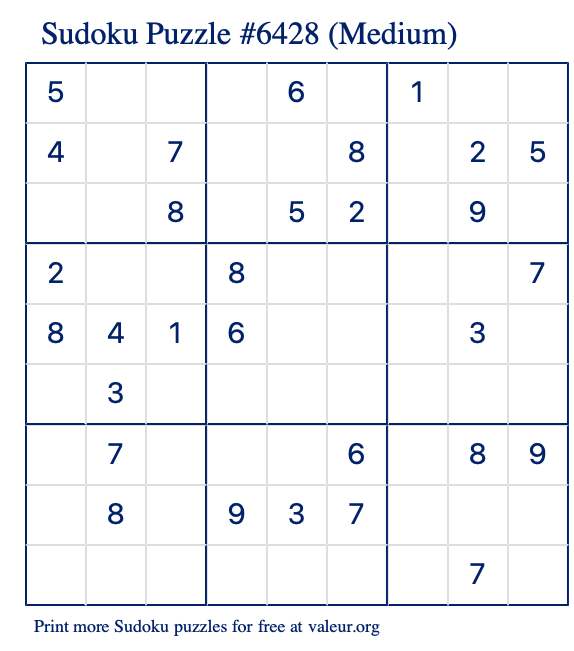 Free Printable Medium Sudoku Puzzle number 6428