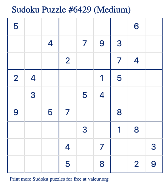 Free Printable Medium Sudoku Puzzle number 6429