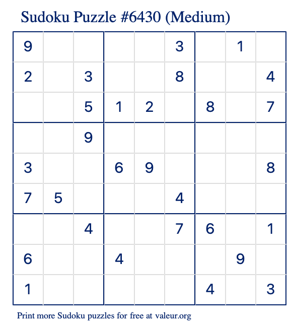 Free Printable Medium Sudoku Puzzle number 6430