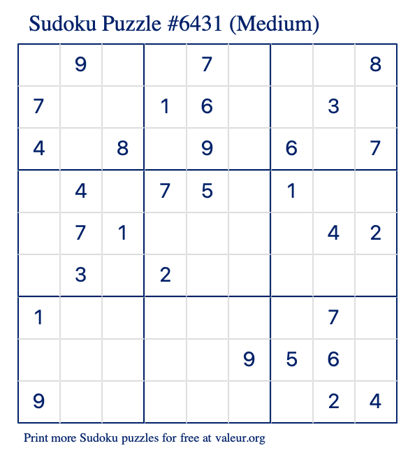 Free Printable Medium Sudoku Puzzle number 6431