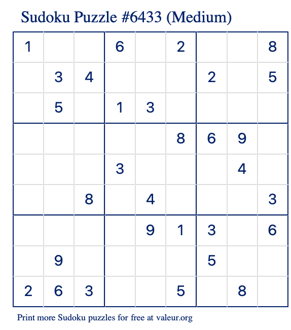 Free Printable Medium Sudoku Puzzle number 6433