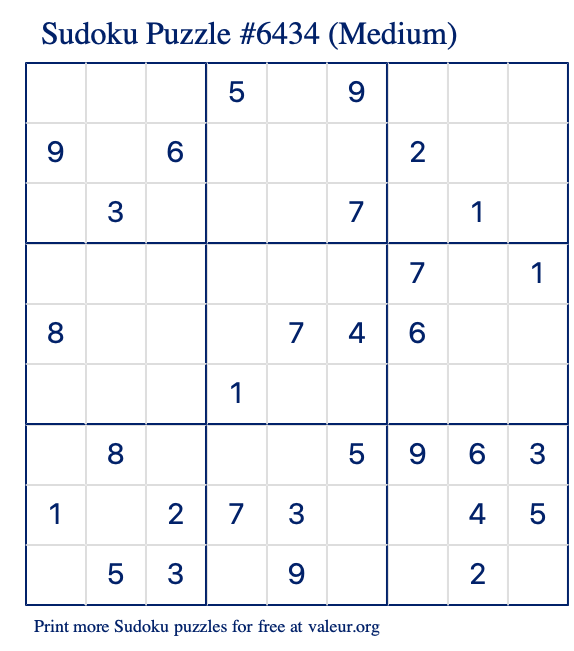 Free Printable Medium Sudoku Puzzle number 6434
