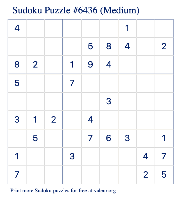 Free Printable Medium Sudoku Puzzle number 6436