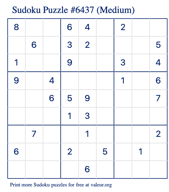 Free Printable Medium Sudoku Puzzle number 6437