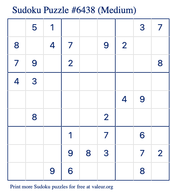 Free Printable Medium Sudoku Puzzle number 6438