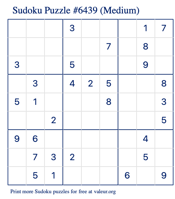 Free Printable Medium Sudoku Puzzle number 6439