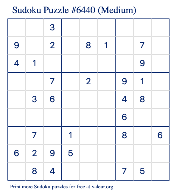 Free Printable Medium Sudoku Puzzle number 6440
