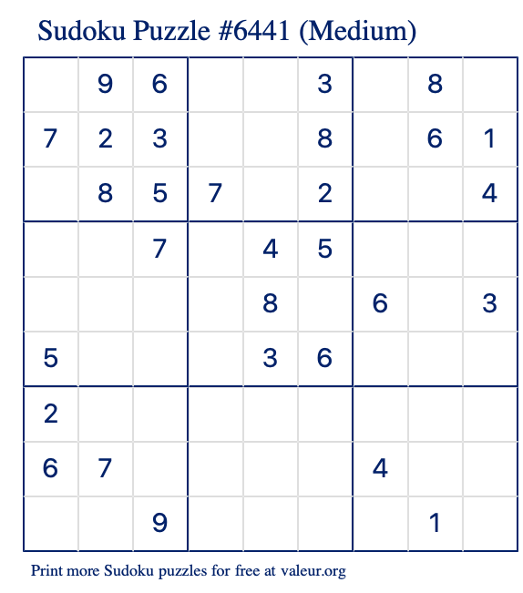 Free Printable Medium Sudoku Puzzle number 6441