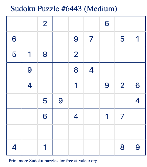 Free Printable Medium Sudoku Puzzle number 6443
