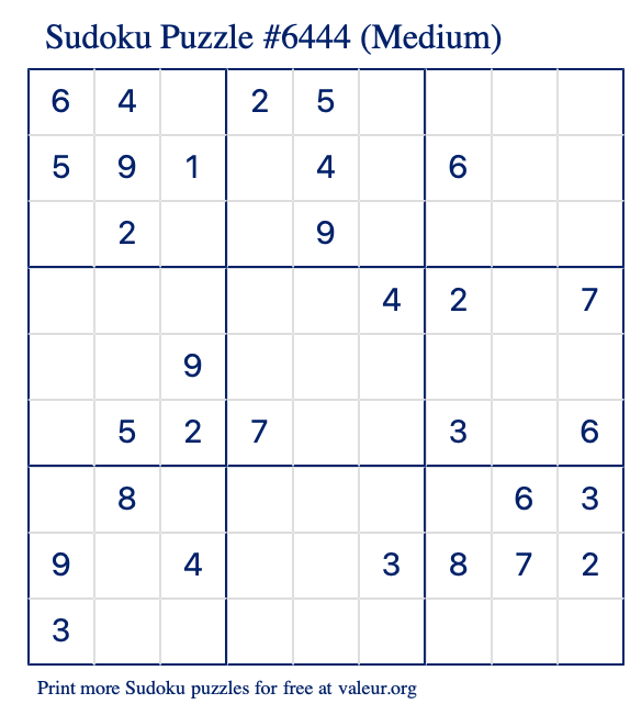 Free Printable Medium Sudoku Puzzle number 6444